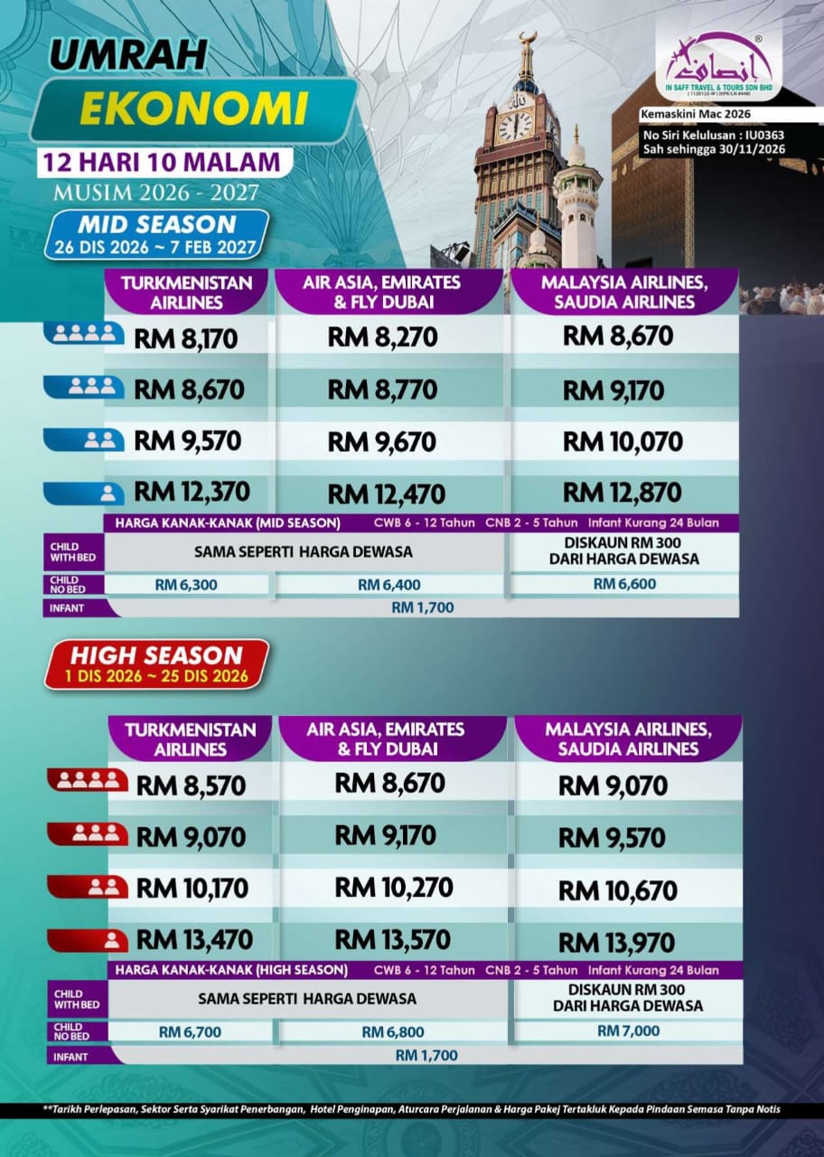 Poster jadual harga mid season dan high season Ekonomi 12 hari 10 malam