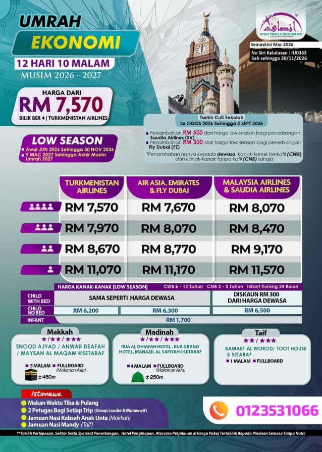Poster harga low season Ekonomi 12 hari 10 malam, bermula RM7,570 bagi bilik berempat dengan Turkmenistan Airlines
