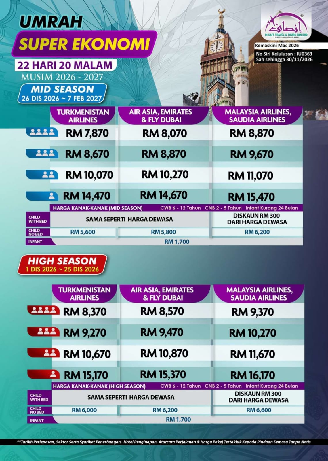 Poster jadual harga mid season dan high season Super Ekonomi 22 hari 20 malam