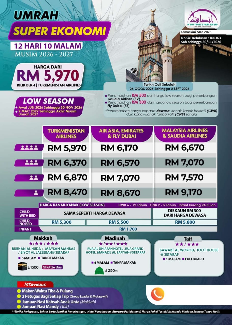 Poster harga low season Super Ekonomi 12 hari 10 malam, bermula RM5,970 bagi bilik berempat dengan Turkmenistan Airlines